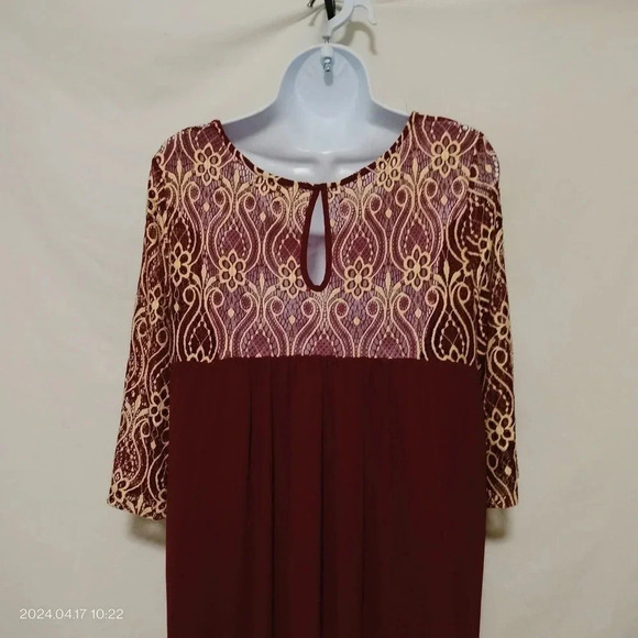 UMGEE Size Large Wine Shift Dress Lace bodice and 3/4 Sleeves - Picture 5 of 9